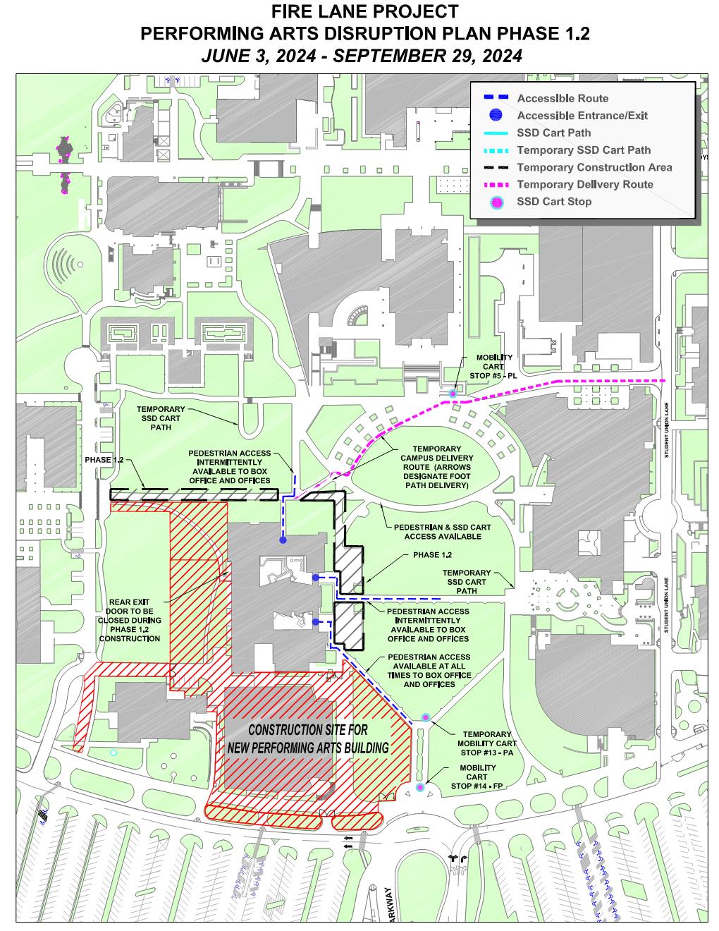 Campus disruption map depicting construction fence areas related to the Performing Arts Building Annex project. 