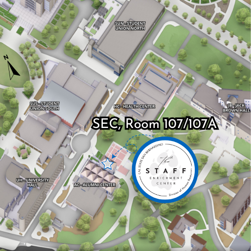 Staff Enrichment Center, map location - Adjacent to Alumni Center, East of SMSU