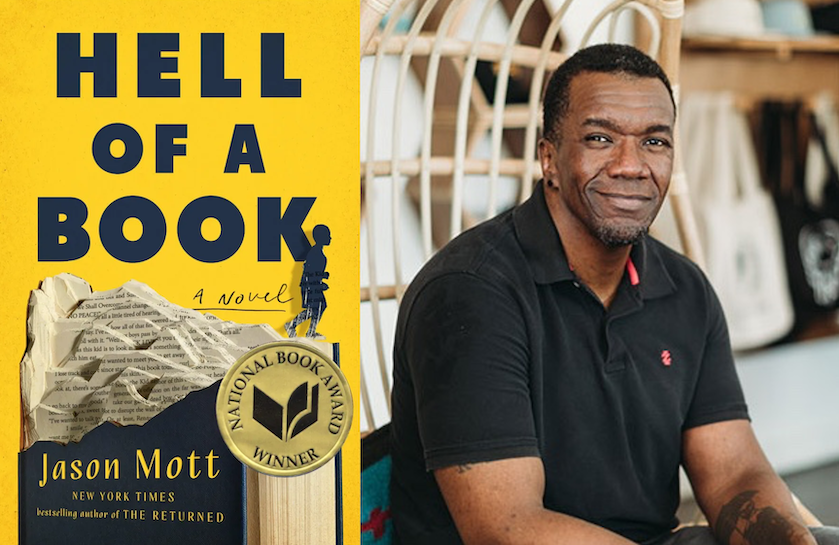 "Hell of a Book" Cover and Jason Mott sitting in a swinging chair, African American man, short hair, black polo shirt, looking at the camera slight smile