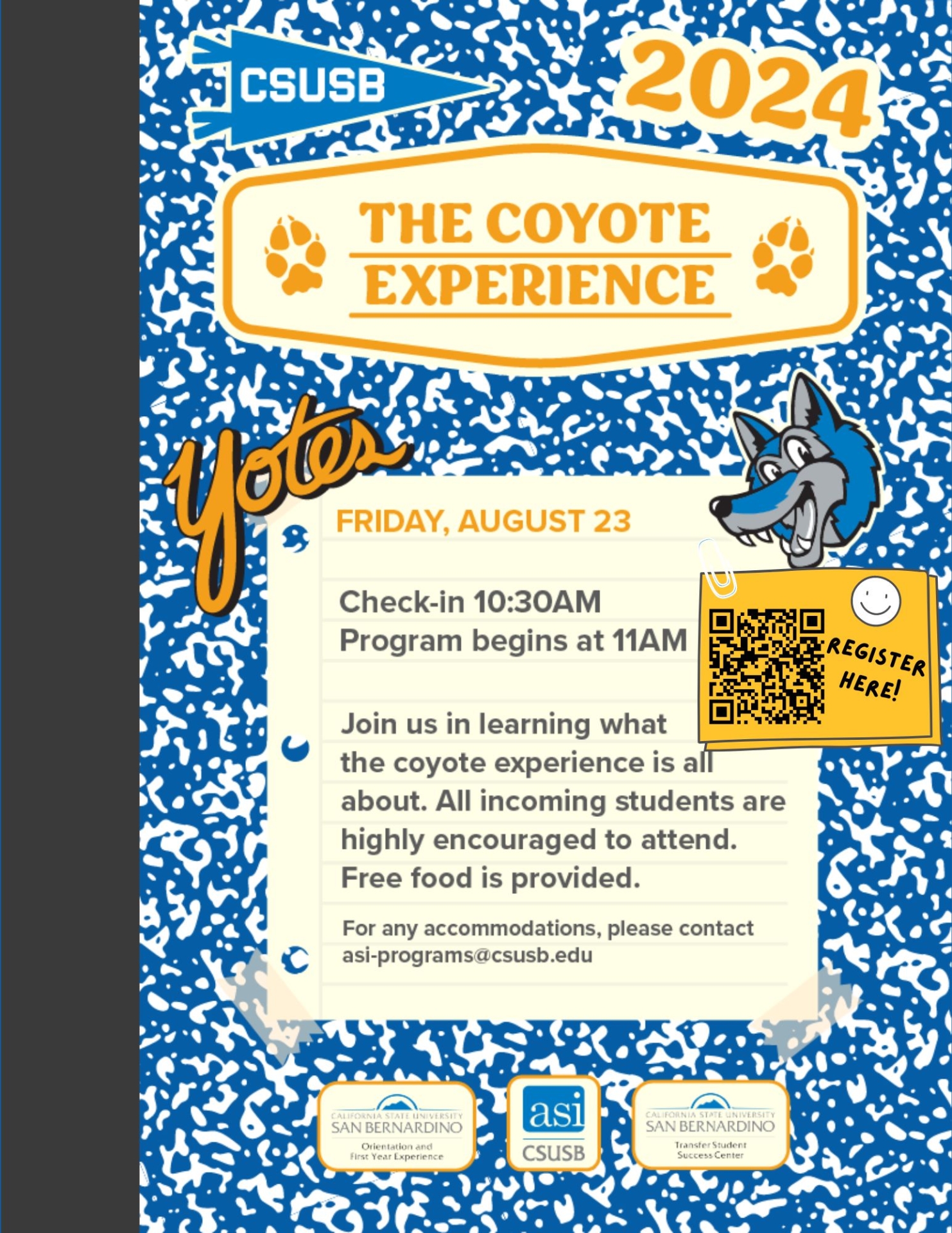 composition notebook background that reads the Coyote Experience event details