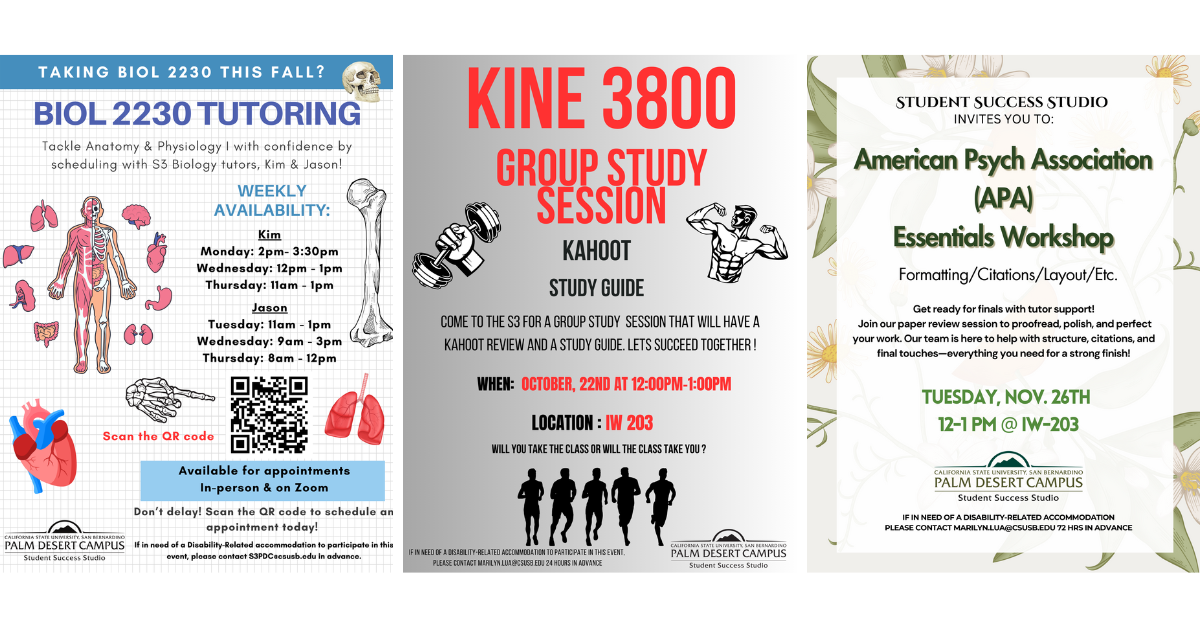 Three flyers from Fall 2024 semester tutor events at the PDC Student Success Studio