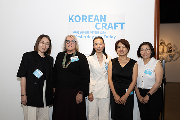 From left, Park, curator, Sookmyung Women’s University Museum in Seoul, South Korea; Merry Scully, RAFFMA museum director; Hwang, exhibit manager and lecturer of World Languages and Literatures; Hyeran Jung, curator, Sookmyung Women’s University Museum in Seoul, South Korea; Tammy Cho, curator, Korean Cultural Center Los Angeles