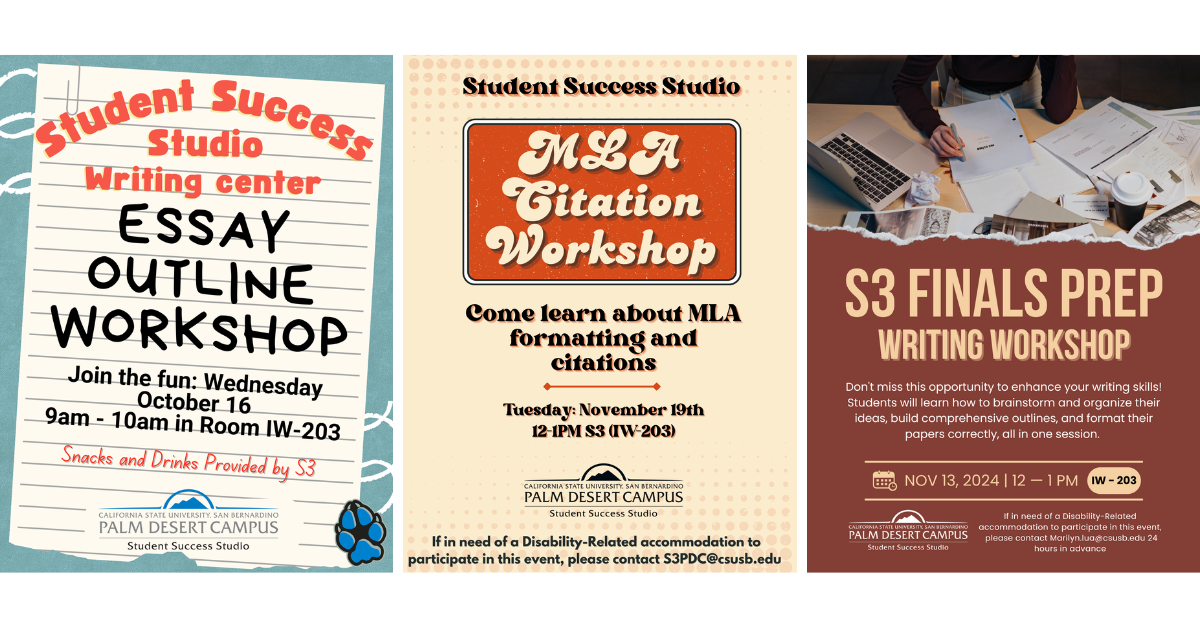 Three flyers from Fall 2024 semester Writing Center events at the PDC Student Success Studio