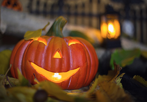 A carved pumpkin has a very happy expression illuminated by the candle in its interior.