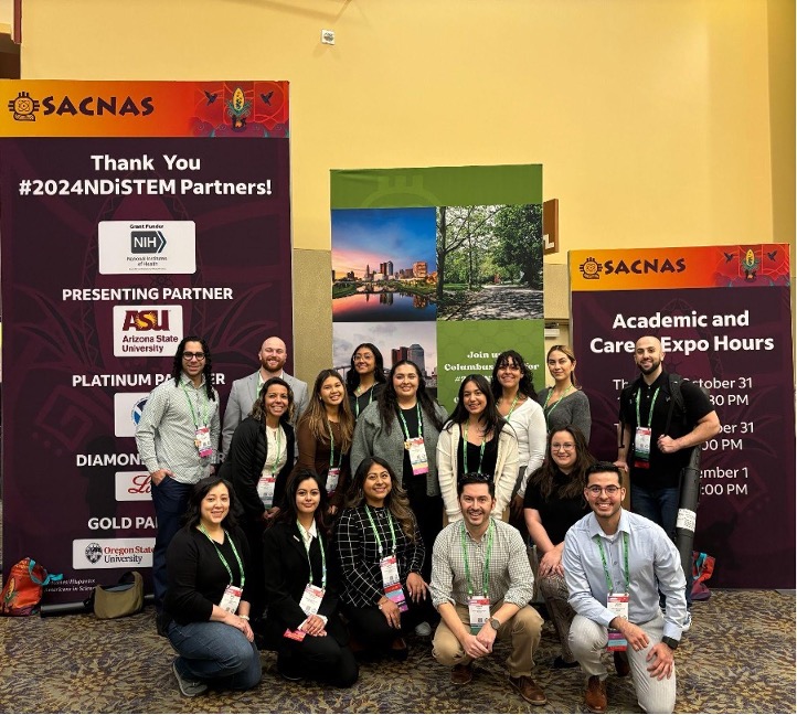 CSUSB students and faculty members Heidy Contreras, Joe Heras and Anna Zelaya attend the 2024 SACNAS NDiSTEM Conference held in Phoenix.