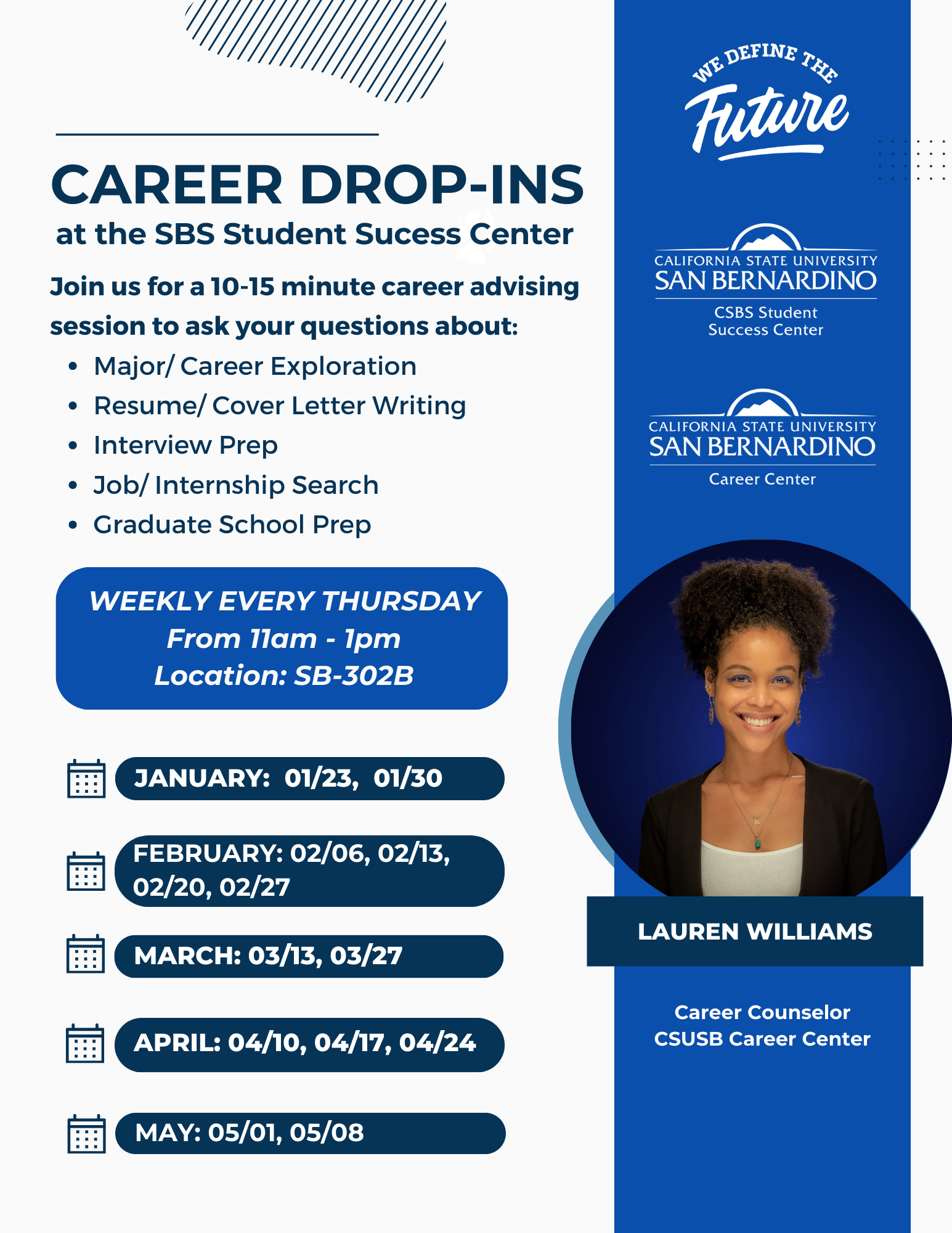 CSBS Career Counseling Drop-ins Flyer Spring 2025