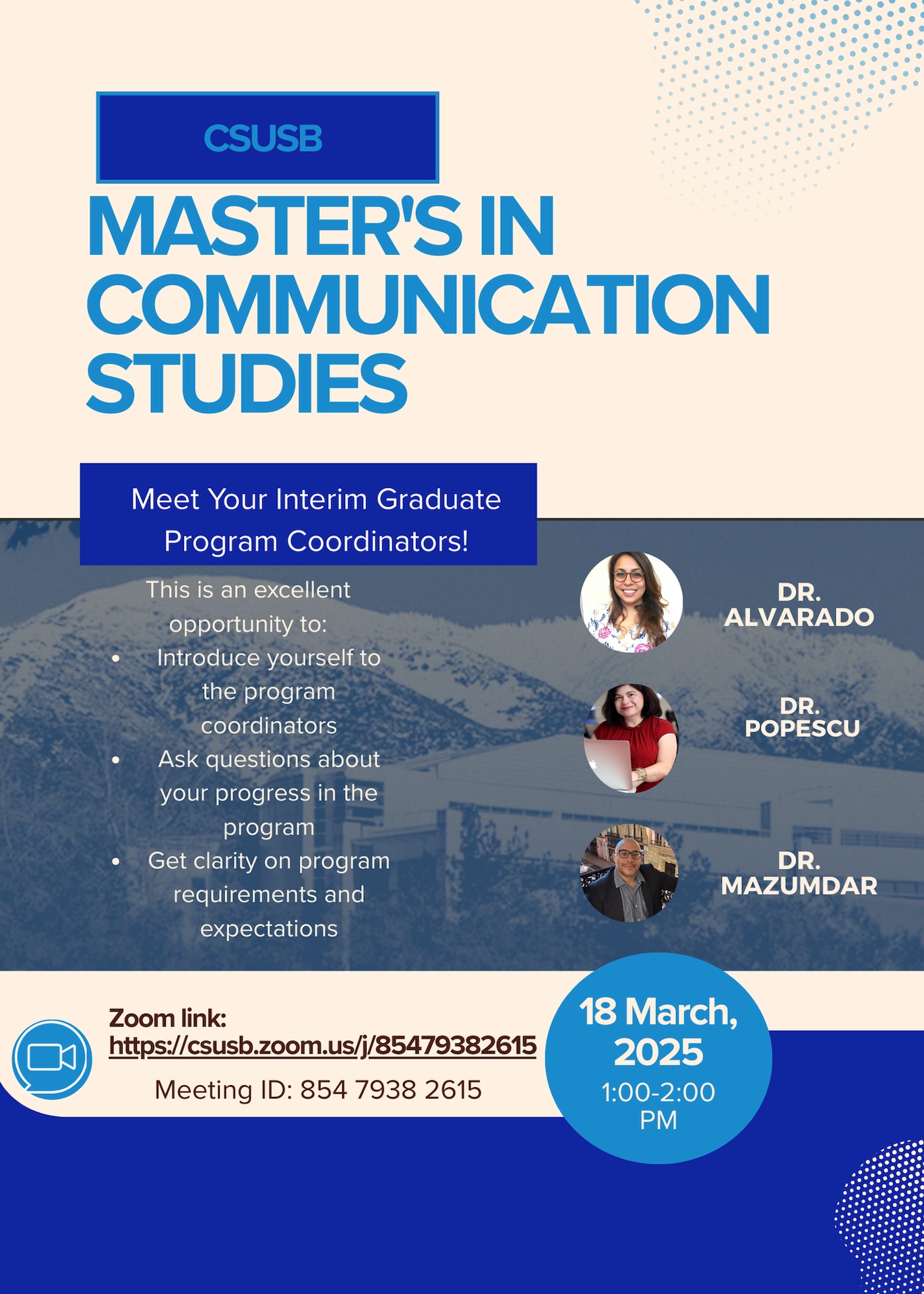 Master's in Communication Studies Students, Meet Your Interim Graduate Program Coordinators Tuesday, March 18th from 1-2PM