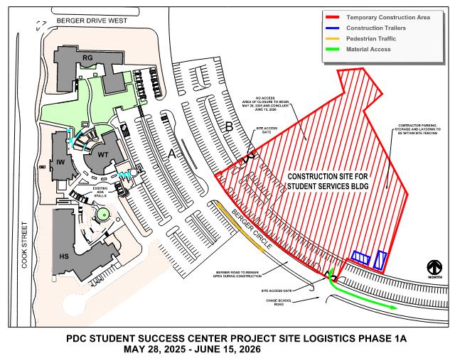 Palm Desert Campus map depicting construction and closure areas.