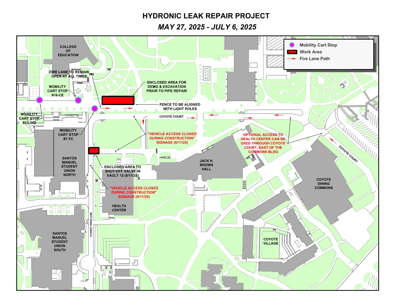 Campus map depicting construction areas and closures.