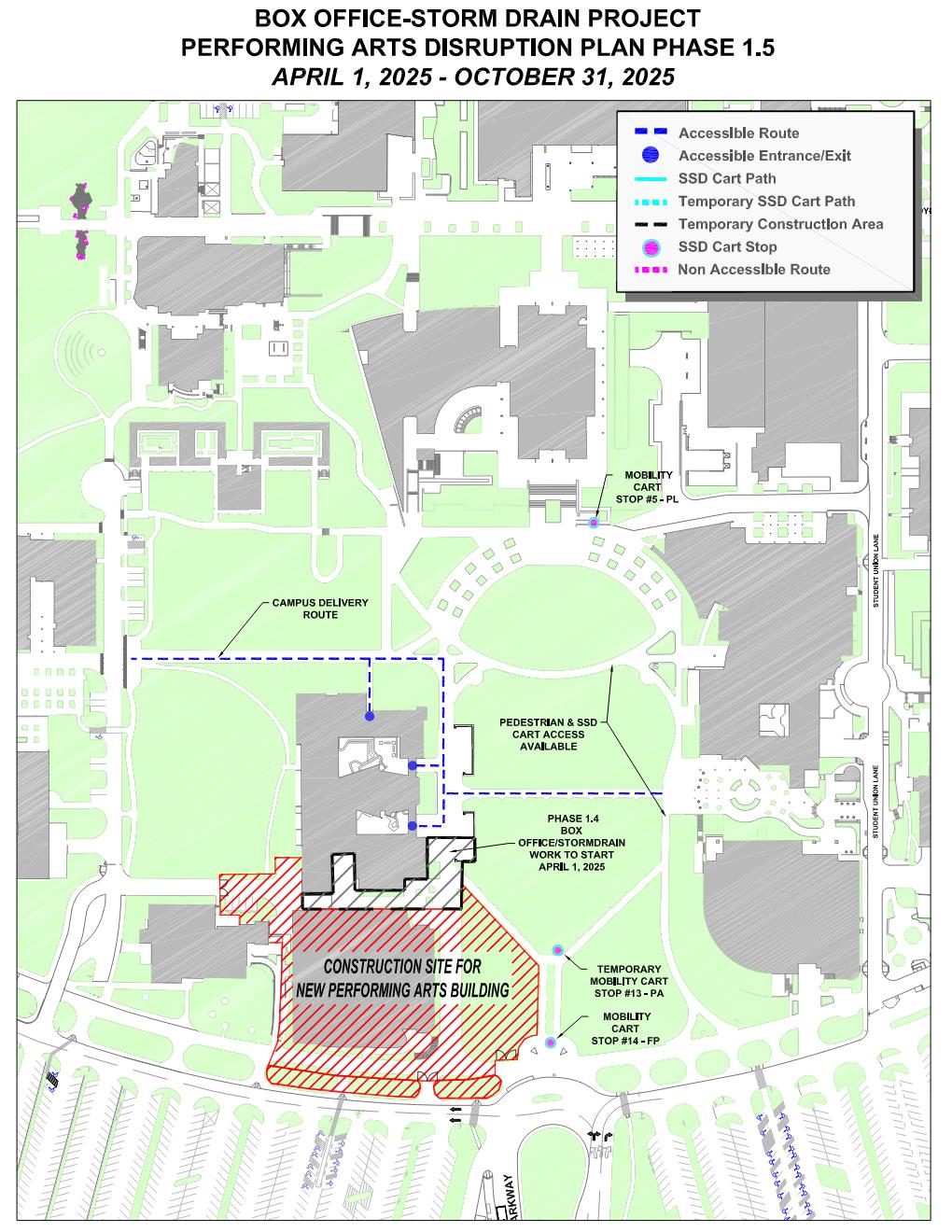 Campus map depicting areas of construction related to the Performing Arts Building Annex project.