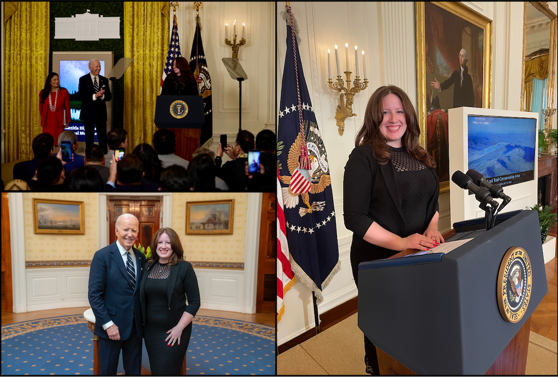 Rhian Reyes in 3 images with President Joe Biden, Secretary Deb Haaland, and solo in White House