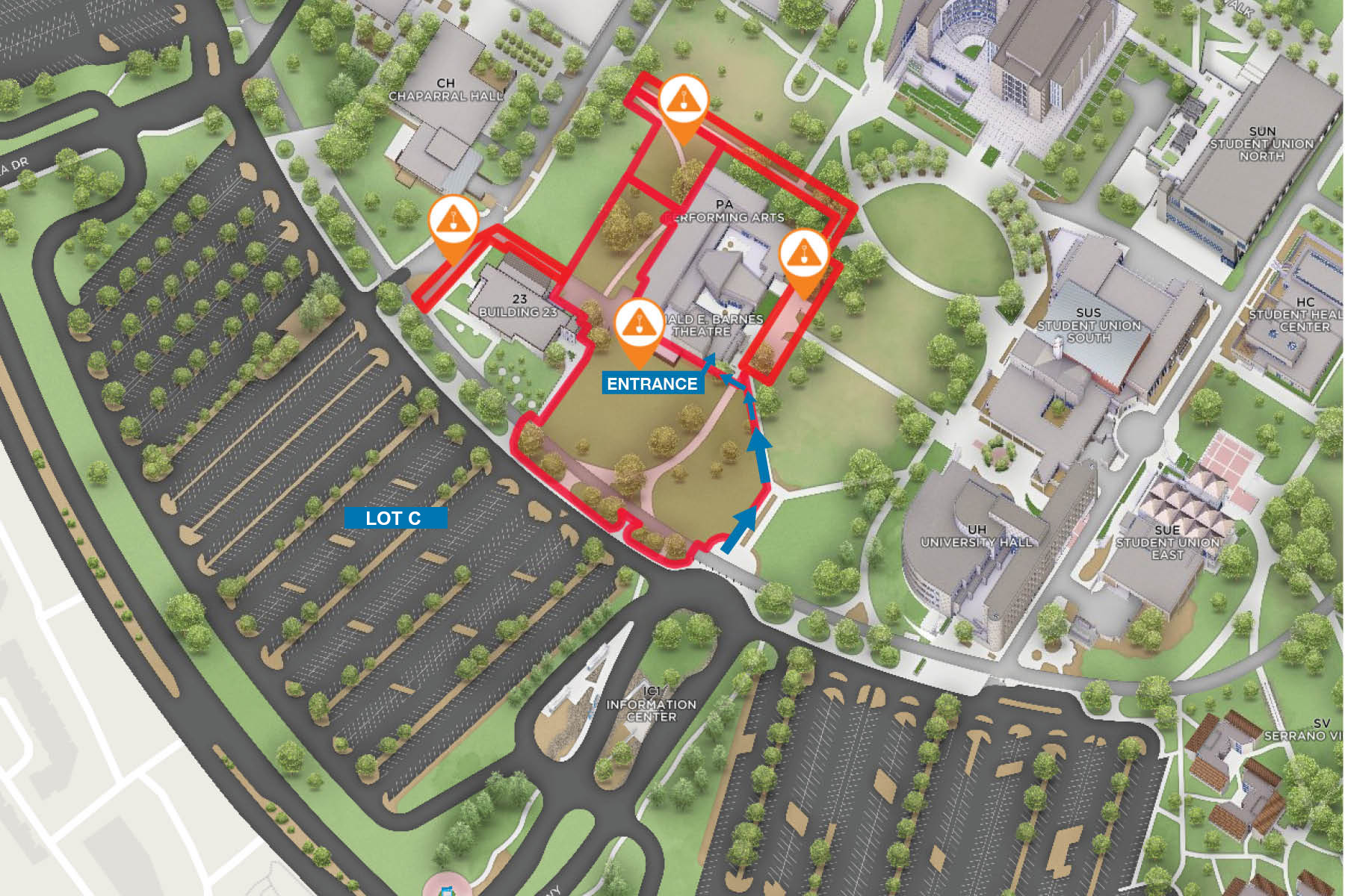 Map showing path from Lot C to the Recital Hall in the Performing Arts building