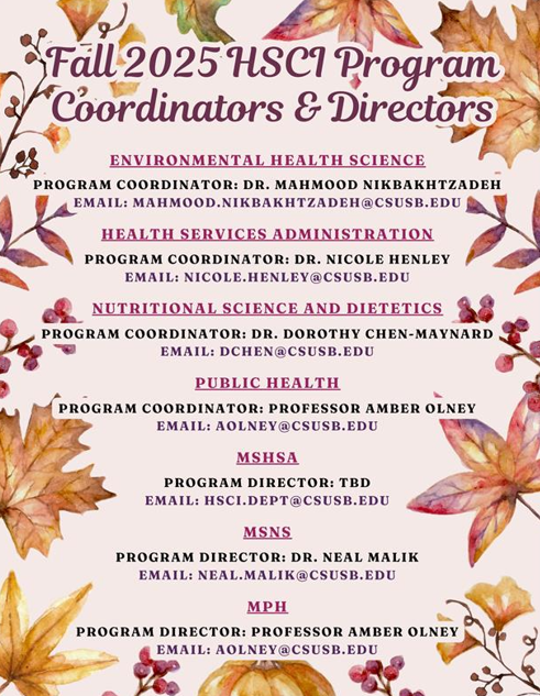 Fall 2025 HSCI Program Coordinators and Directors