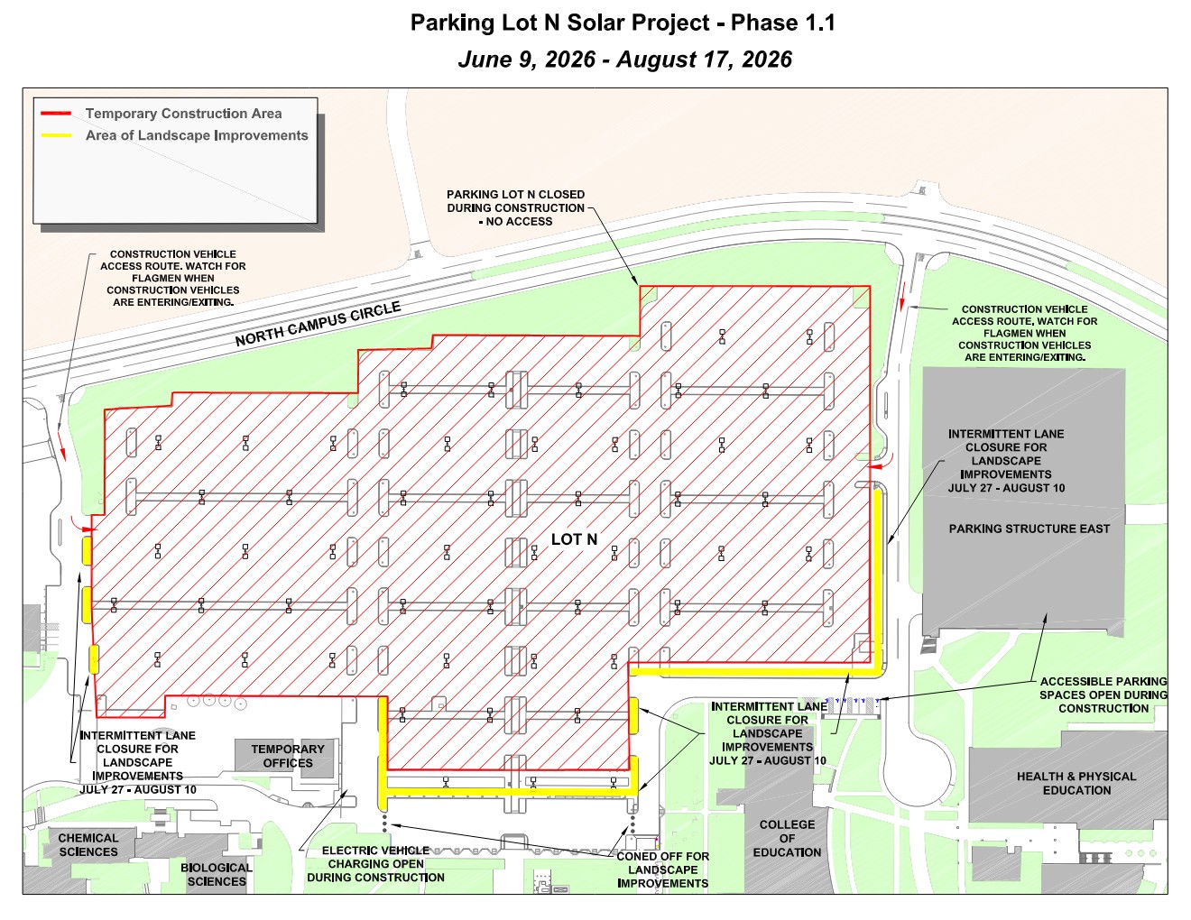 Campus map depicting areas of construction.