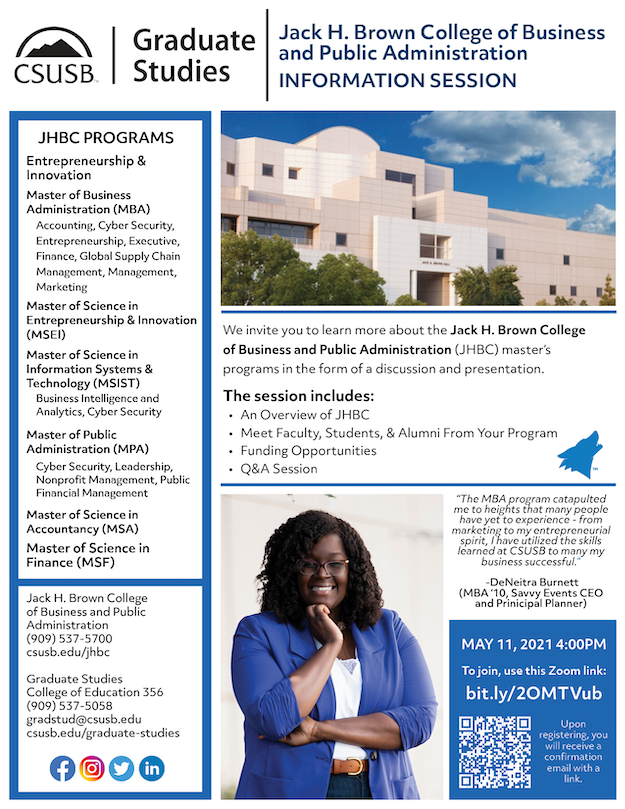 Event information on a flyer with photo of Jack H. Brown building and and a photo of an MBA graduate.