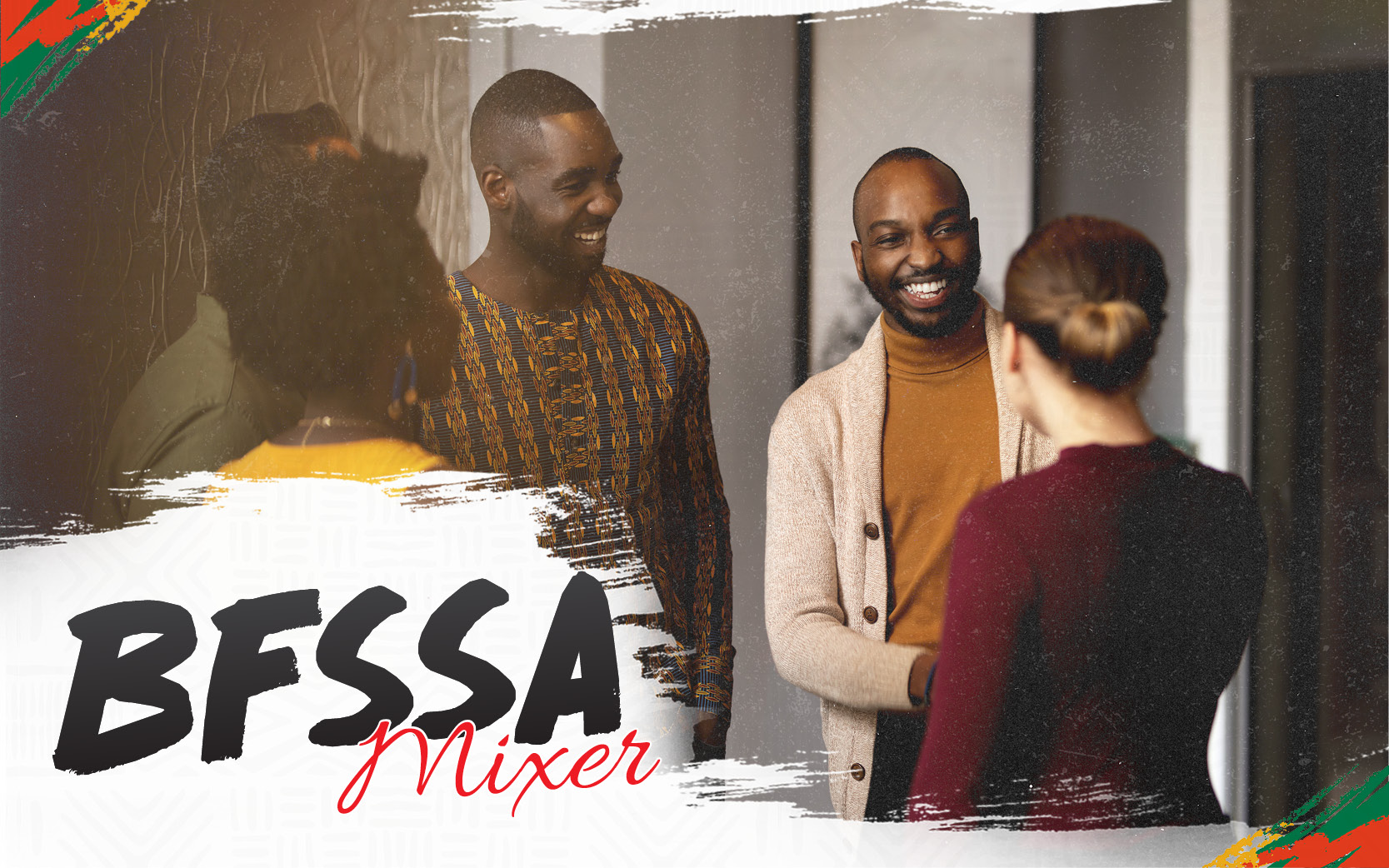 Flyer reads: BFSSA Mixer.  Image of students and faculty having a conversation.