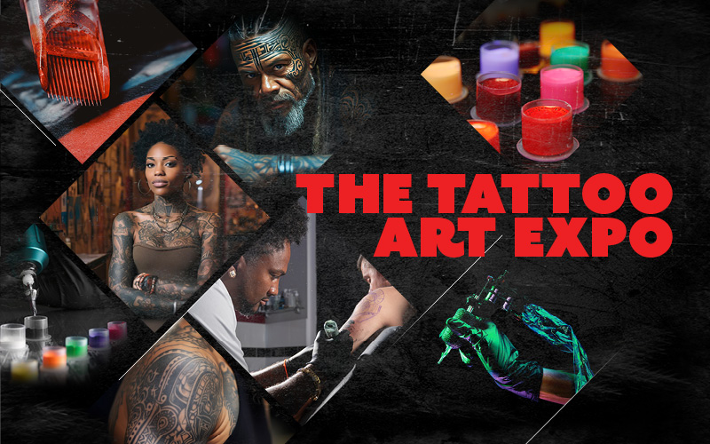 Text reads "The Tattoo Art Expo", Cropped pictures of black tattoo artists working and tattoo ink.