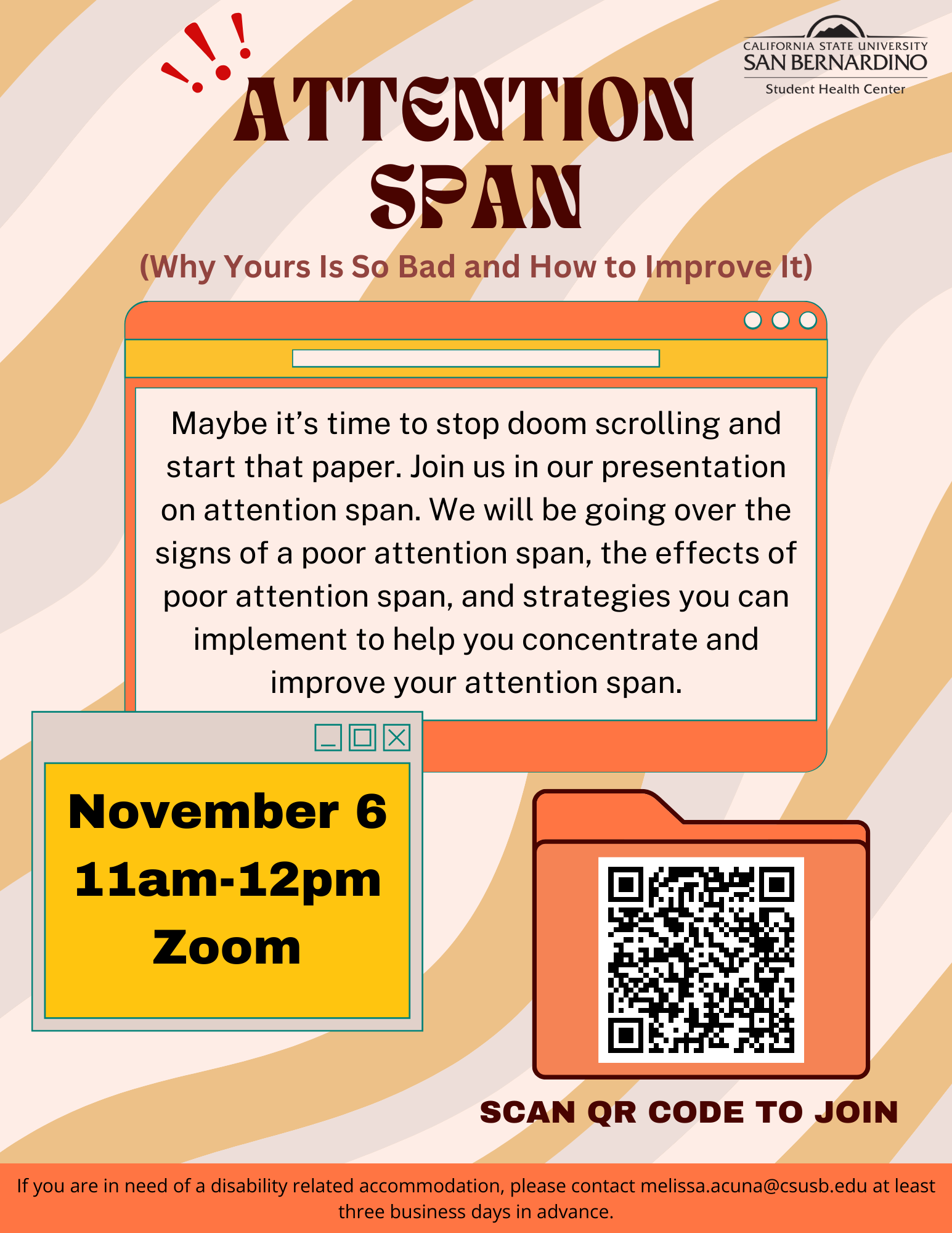 orange flyer for attention span workshop