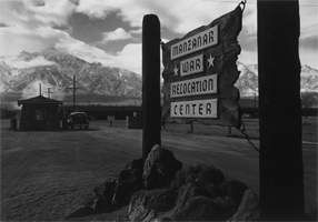 Wooden sign at entrance to the Manzanar War Relocation Center