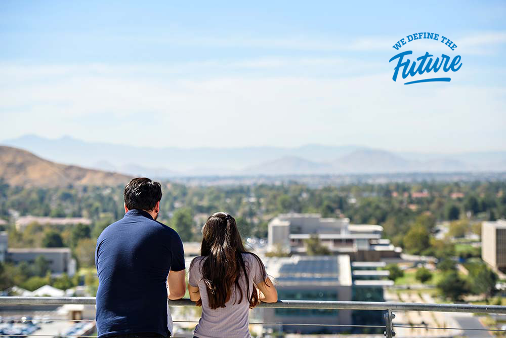 Students look out at CSUSB campus